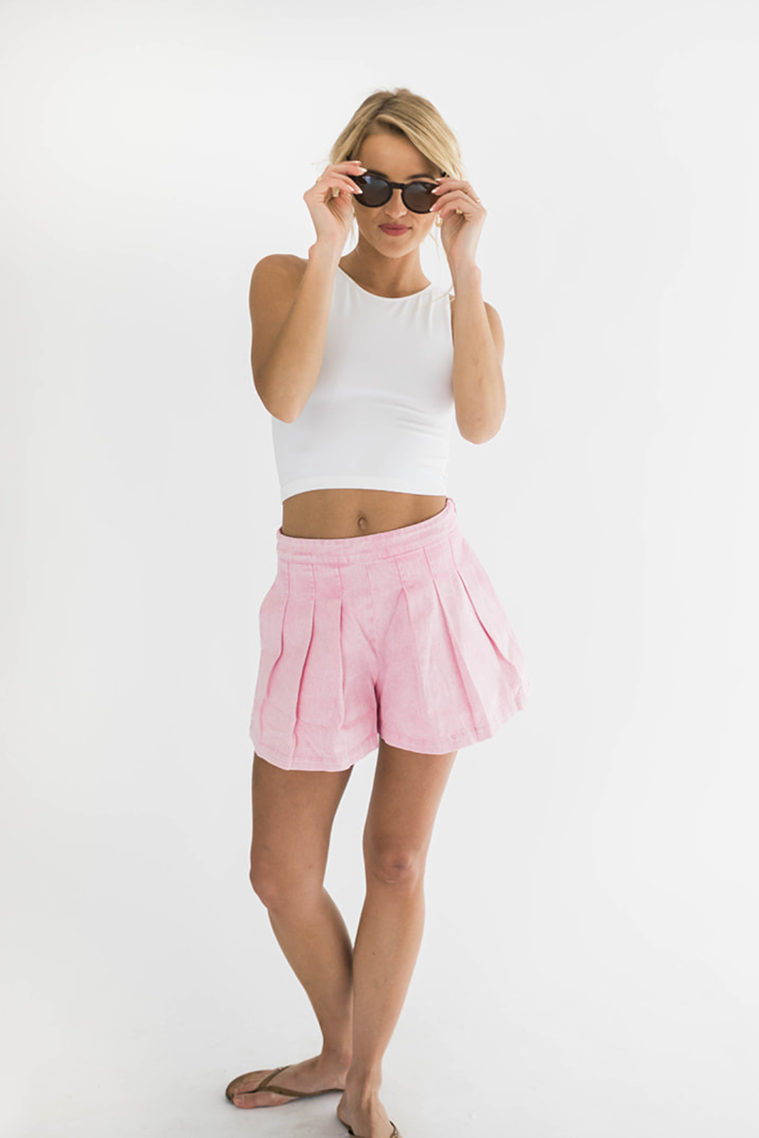 Iris Pleated Cotton Twill Denim Shorts